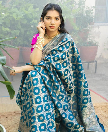 Teal Blue Jacquard Saree – Premium Festive Wear With Elegant Woven Detailing