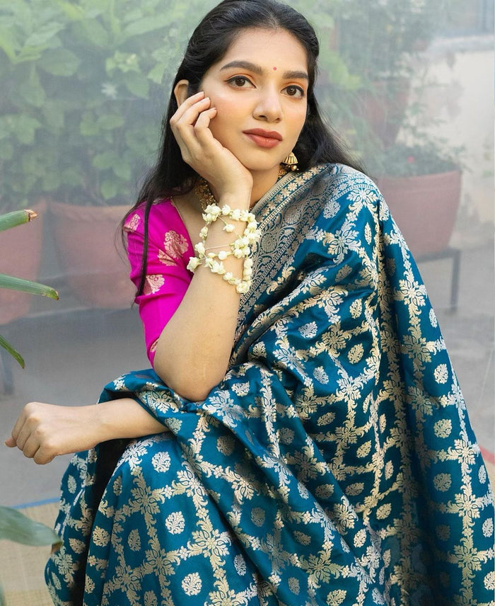 Teal Blue Jacquard Saree – Premium Festive Wear With Elegant Woven Detailing
