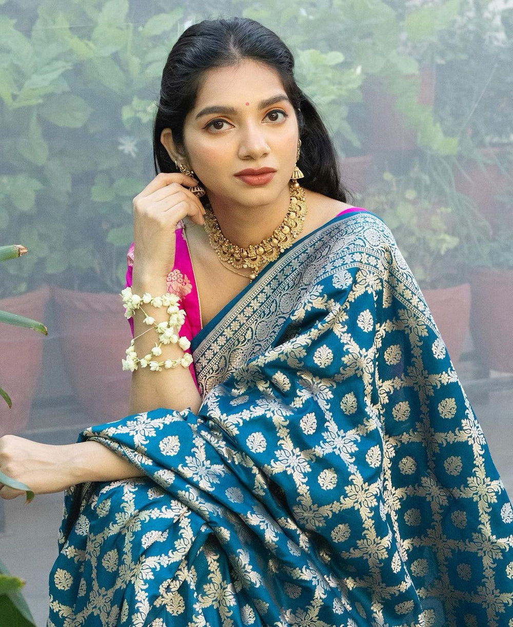 Teal Blue Jacquard Saree 