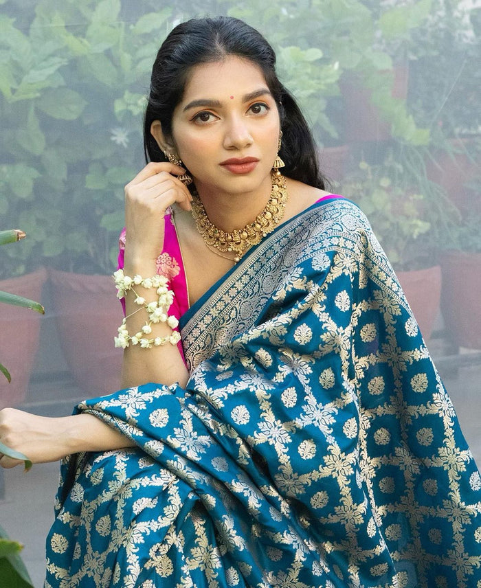 Teal Blue Jacquard Saree – Premium Festive Wear With Elegant Woven Detailing