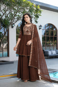 Mocha Elegance Embroidered Anarkali Sharara Suit