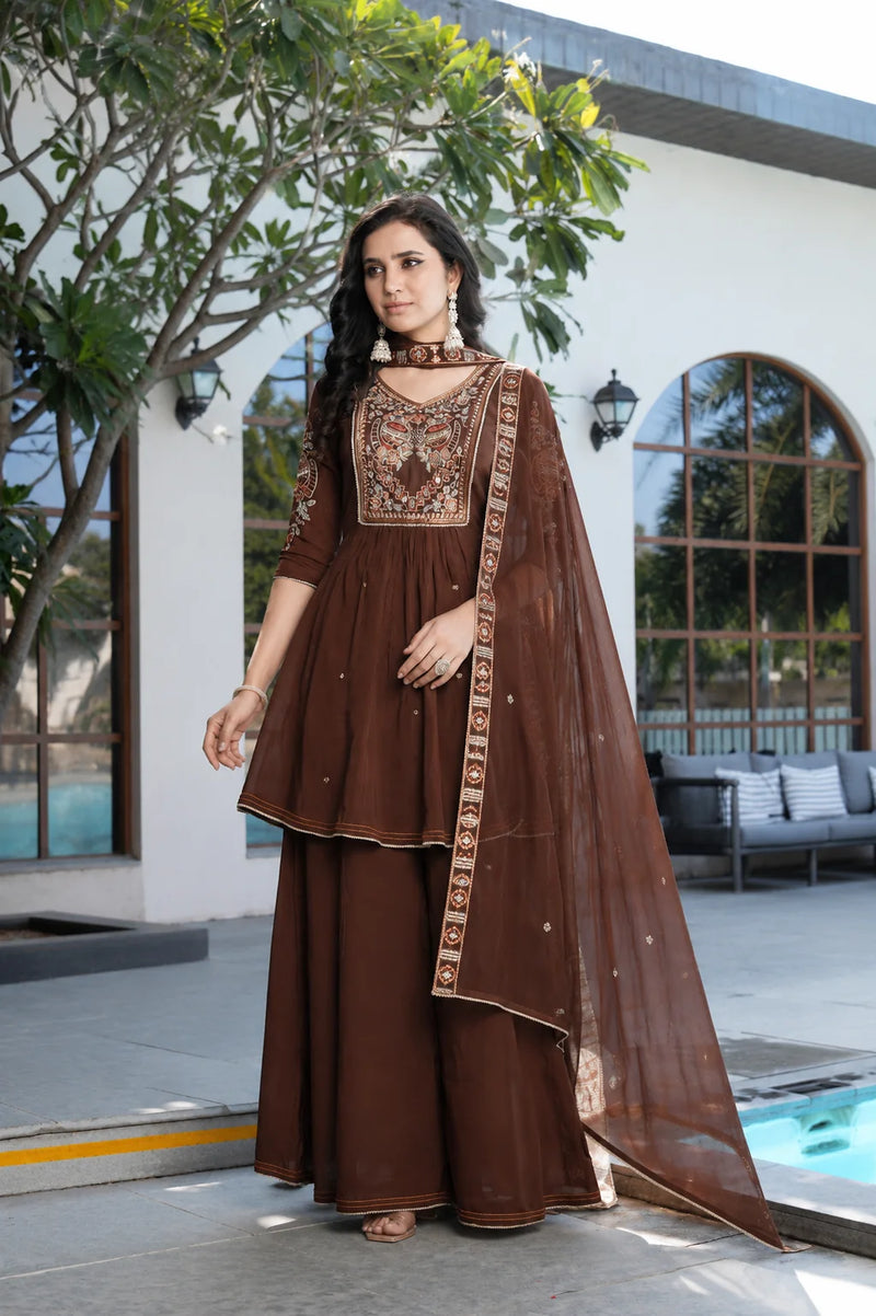 Mocha Elegance Embroidered Anarkali Sharara Suit