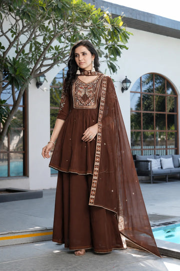 Mocha Elegance Embroidered Anarkali Sharara Suit