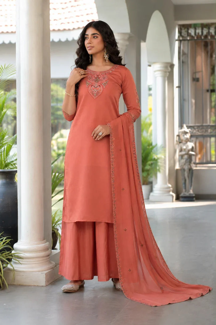 Rust Blossom Embroidered Kurta Palazzo Set