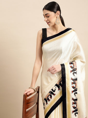 Pure linen saree in White, festive wear