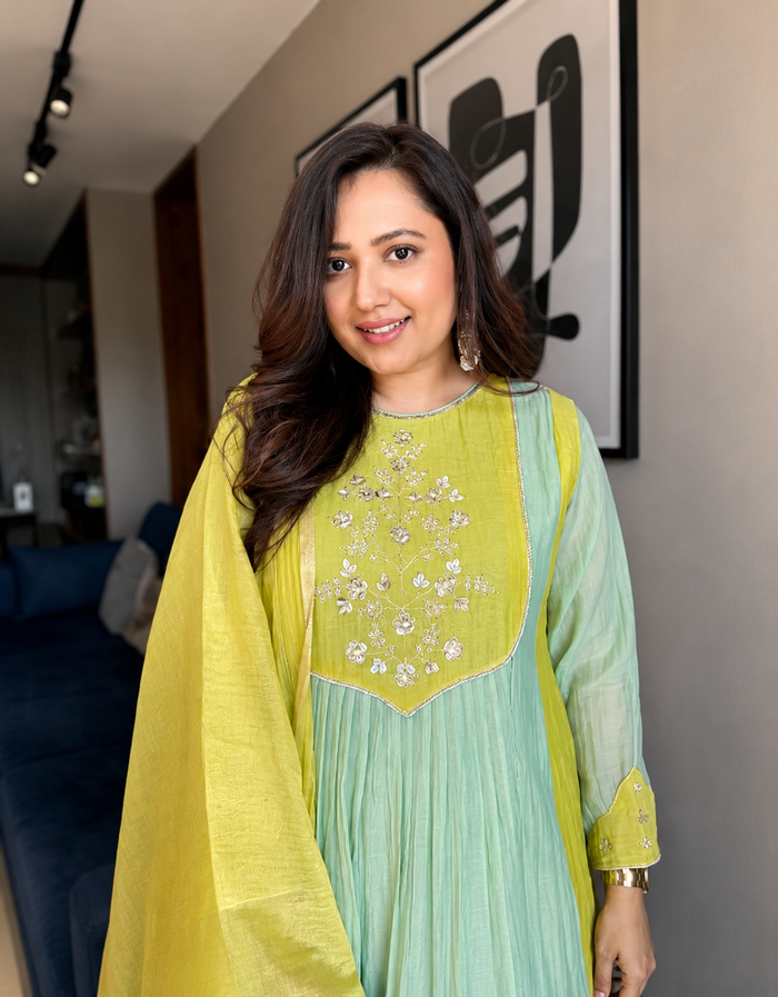 Elegant Mint Green & Lime Yellow Embroidered Anarkali Suit Set