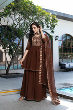 Mocha Elegance Embroidered Anarkali Sharara Suit