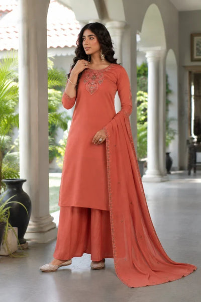Rust Blossom Embroidered Kurta Palazzo Set