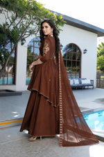 Mocha Elegance Embroidered Anarkali Sharara Suit
