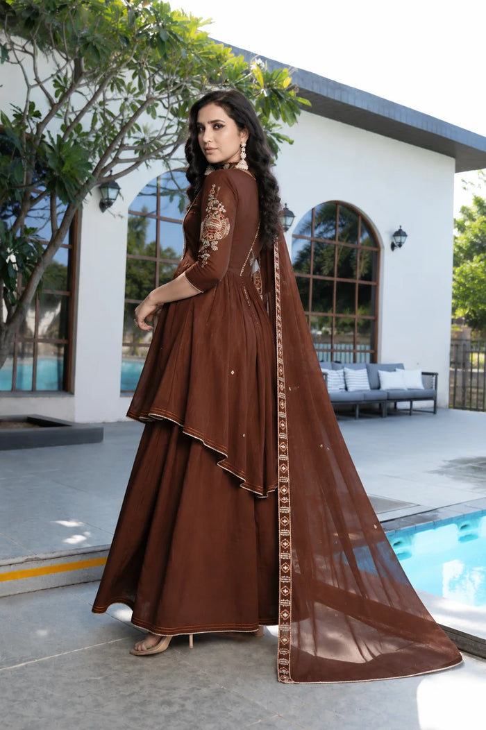 Mocha Elegance Embroidered Anarkali Sharara Suit