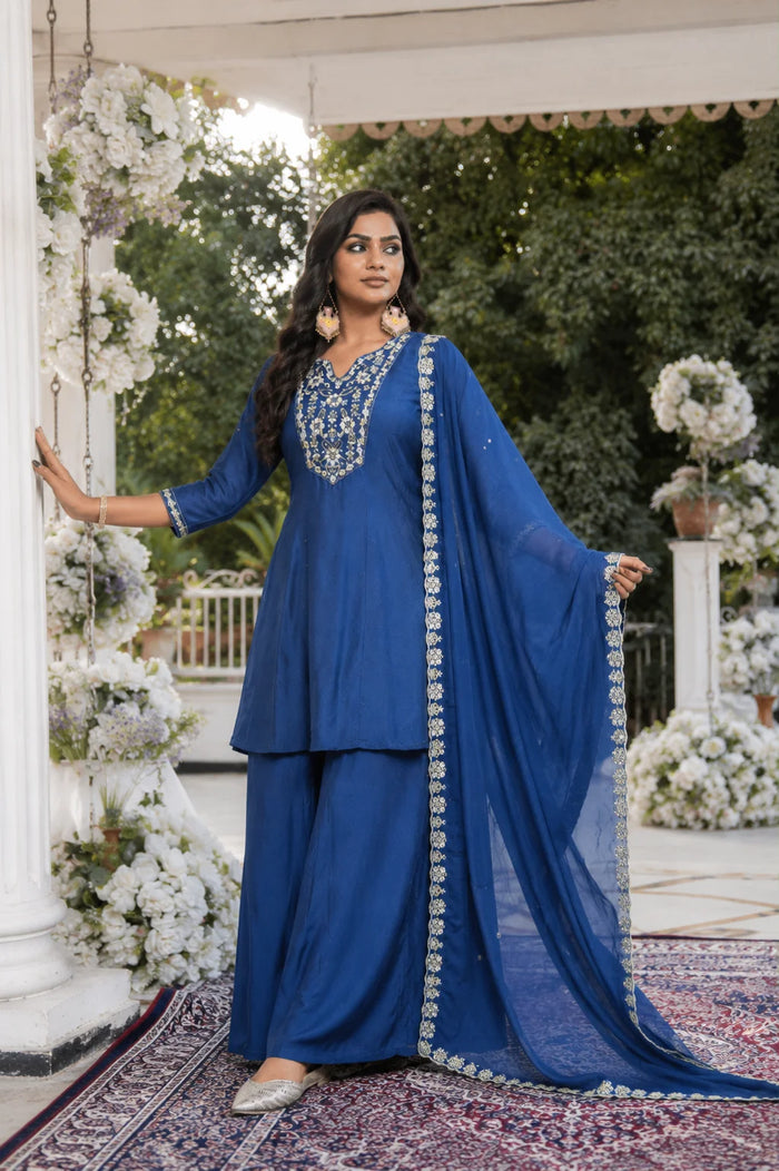 Midnight Bloom Embroidered Kurta Palazzo Set