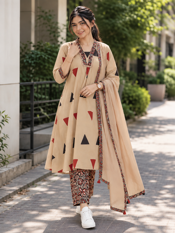 Pure Cotton Kalamkari A-Line Suit with Dupatta