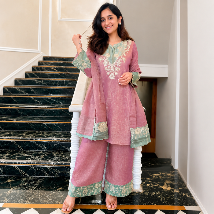 Elegant Dusty Rose Embroidered Kurta Palazzo Set