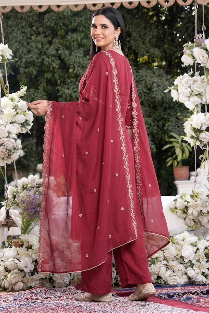 Wine Petal Embroidered Georgette Suit Set