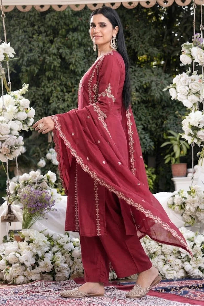 Wine Petal Embroidered Georgette Suit Set