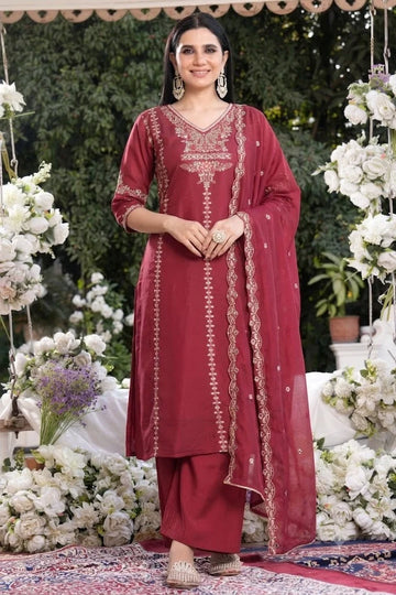 Wine Petal Embroidered Georgette Suit Set