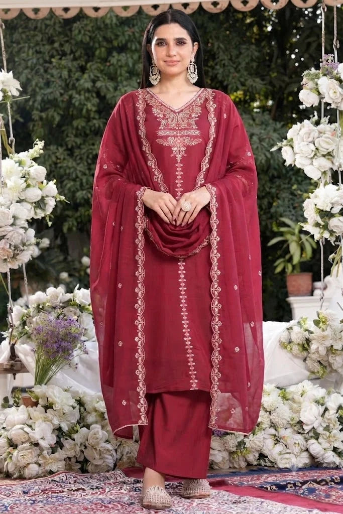 Wine Petal Embroidered Georgette Suit Set