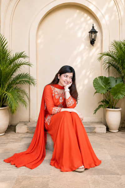 Elegant Sunset Orange Mul Chanderi Handcrafted Suit Set