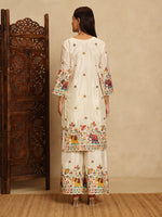 Off-White Embroidered Chinon Straight Suit Set