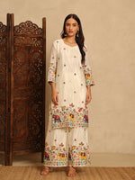 Off-White Embroidered Chinon Straight Suit Set