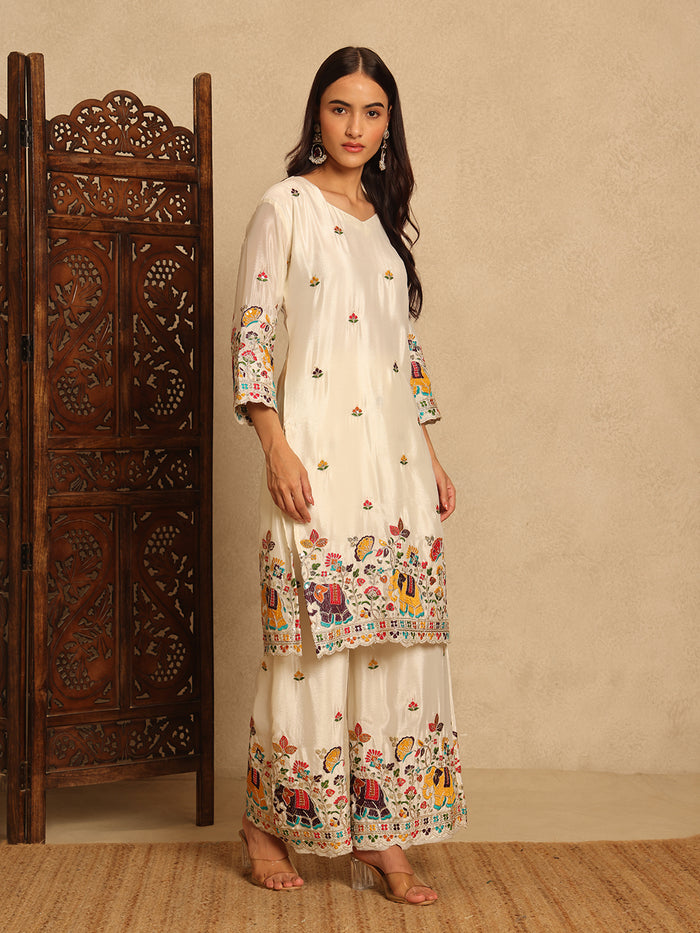 Off-White Embroidered Chinon Straight Suit Set