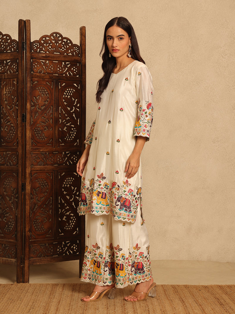 Off-White Embroidered Chinon Straight Suit Set