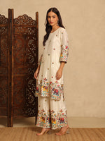 Off-White Embroidered Chinon Straight Suit Set