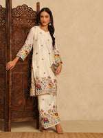 Off-White Embroidered Chinon Straight Suit Set
