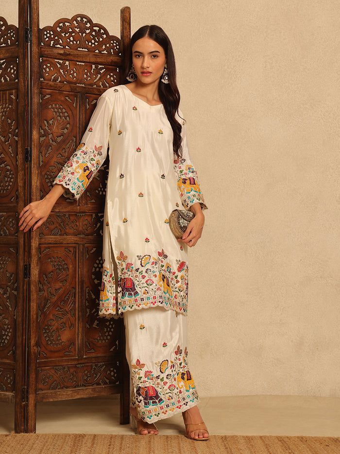 Off-White Embroidered Chinon Straight Suit Set