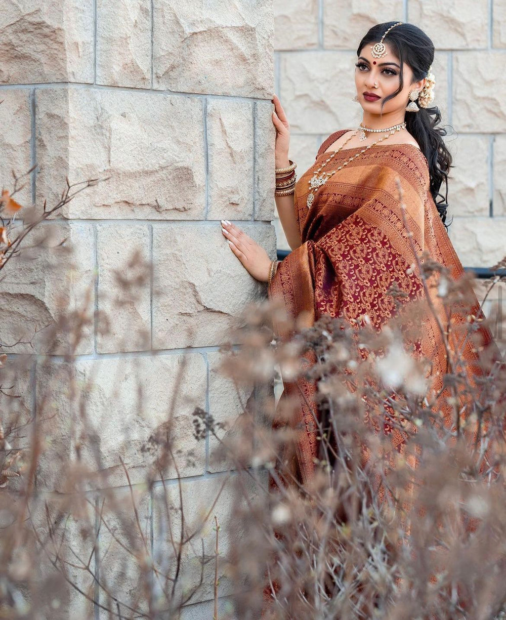 Elegant Brown Jacquard Saree