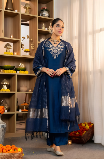 Pure Satori Silk Embroidered Blue Suit Set with Zari Banarasi Dupatta