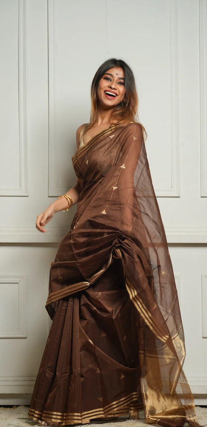 Coffee Cotton Silk Saree – Soft Linen Feel with Rich Jacquard Pallu