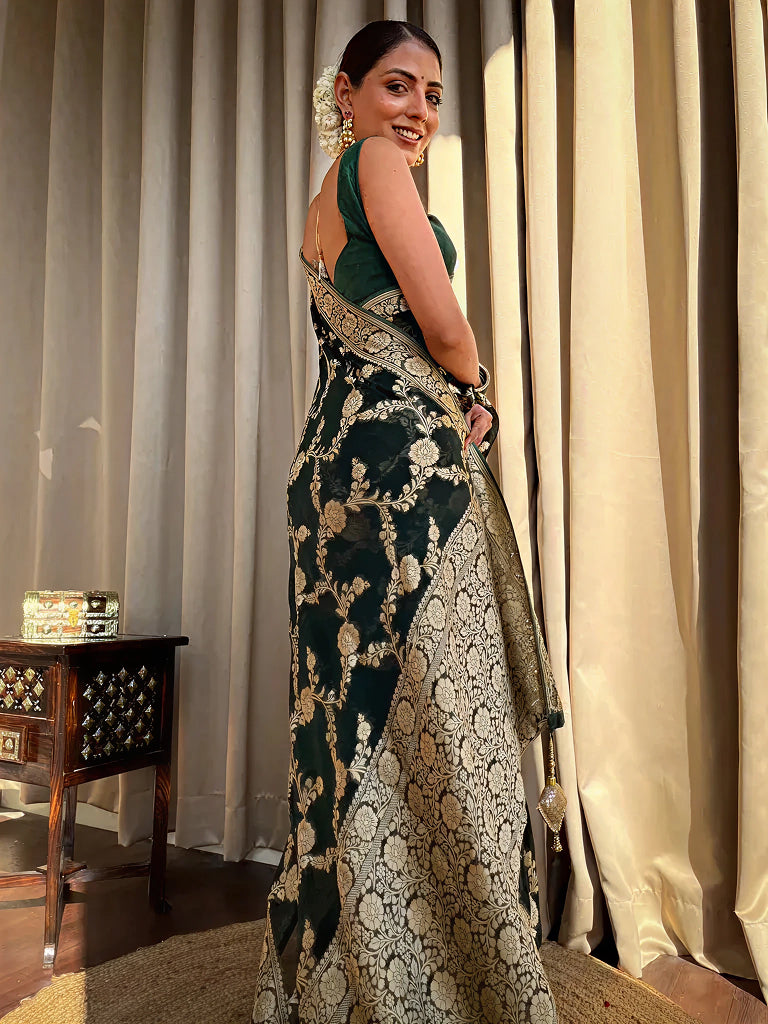 Emerald dark Green Jacquard Saree