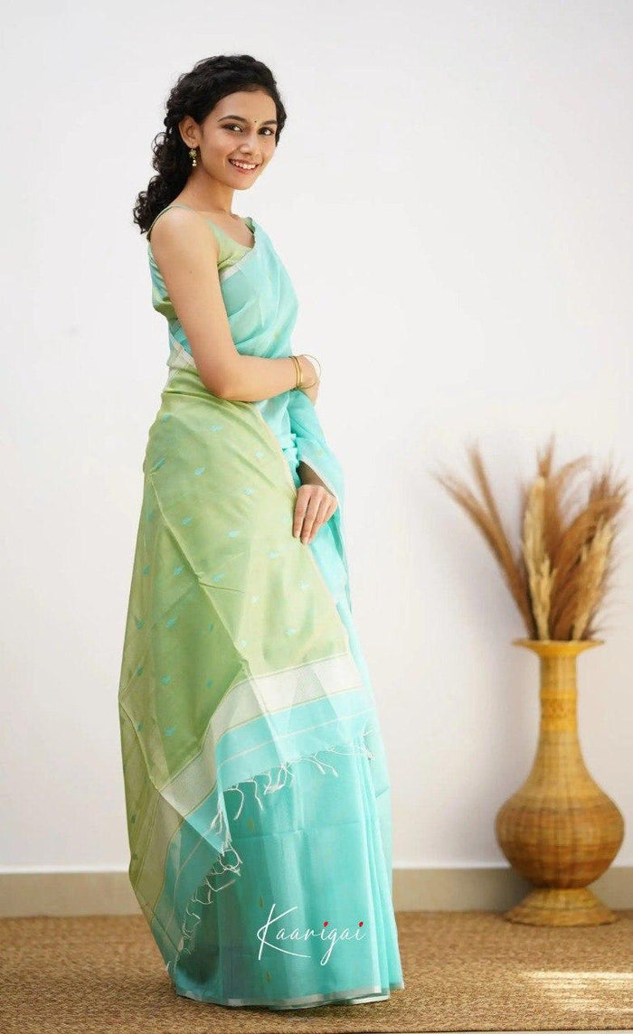 Sky Pista Jacquard Saree – Soft Pastel Elegance with Rich Woven Detail