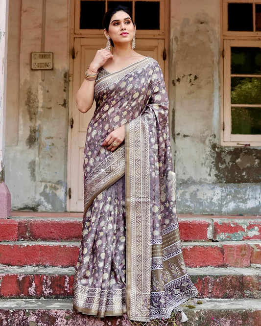 Alluring Brown Colored Jacquard Silk Saree