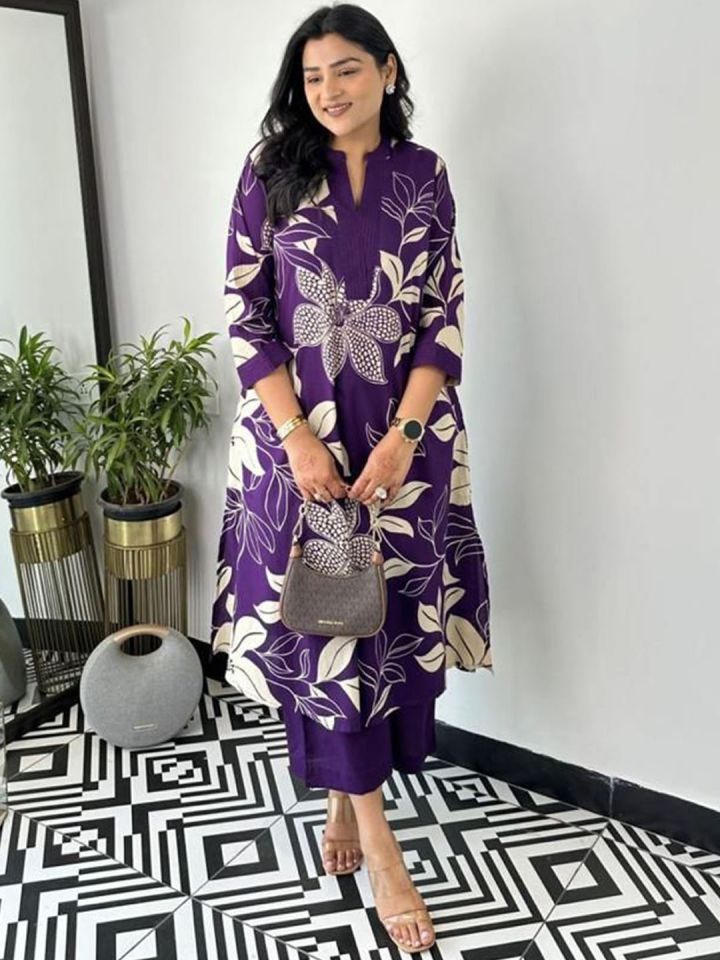 Purple Floral Georgette Kurta Palazzo Set