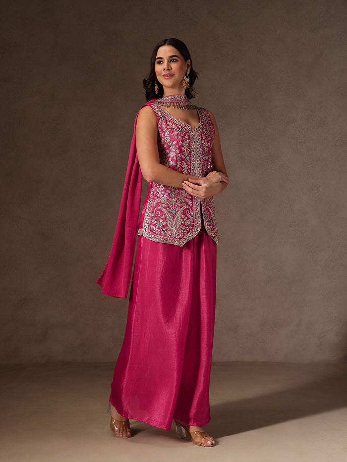 Pink Chinon Embroidered Suit Set
