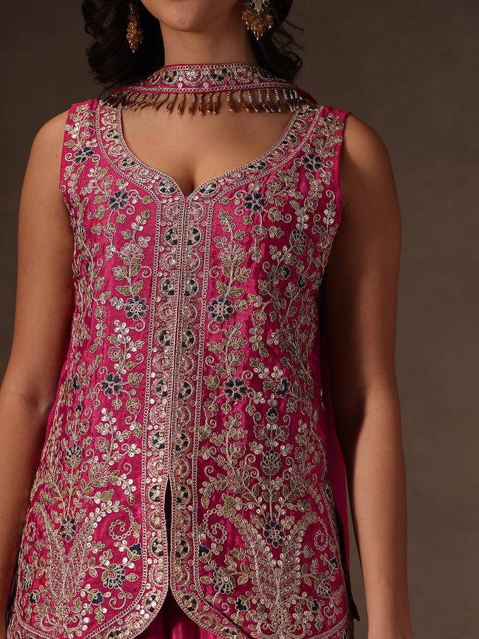 Pink Chinon Embroidered Suit Set