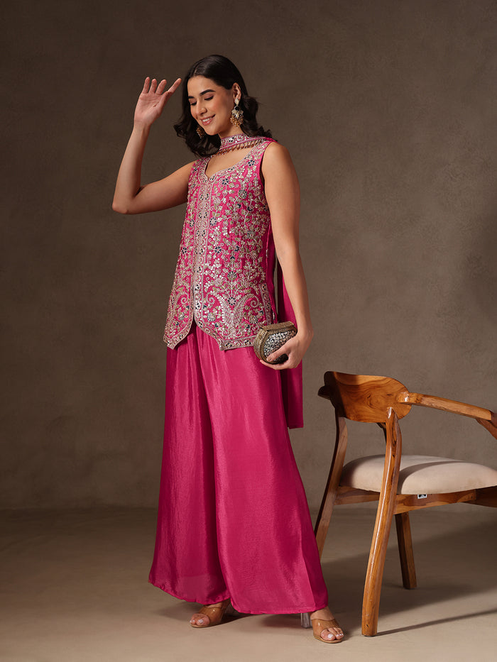 Pink Chinon Embroidered Suit Set
