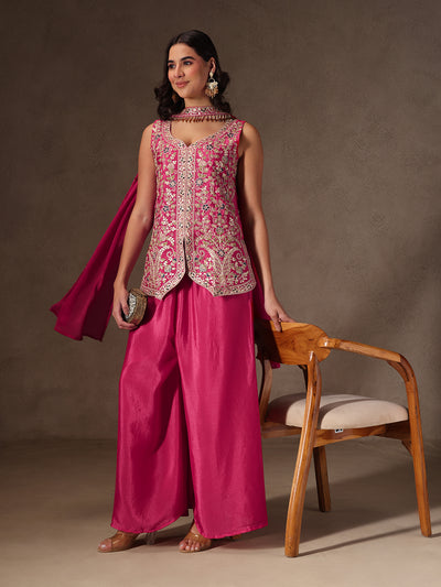 Pink Chinon Embroidered Suit Set