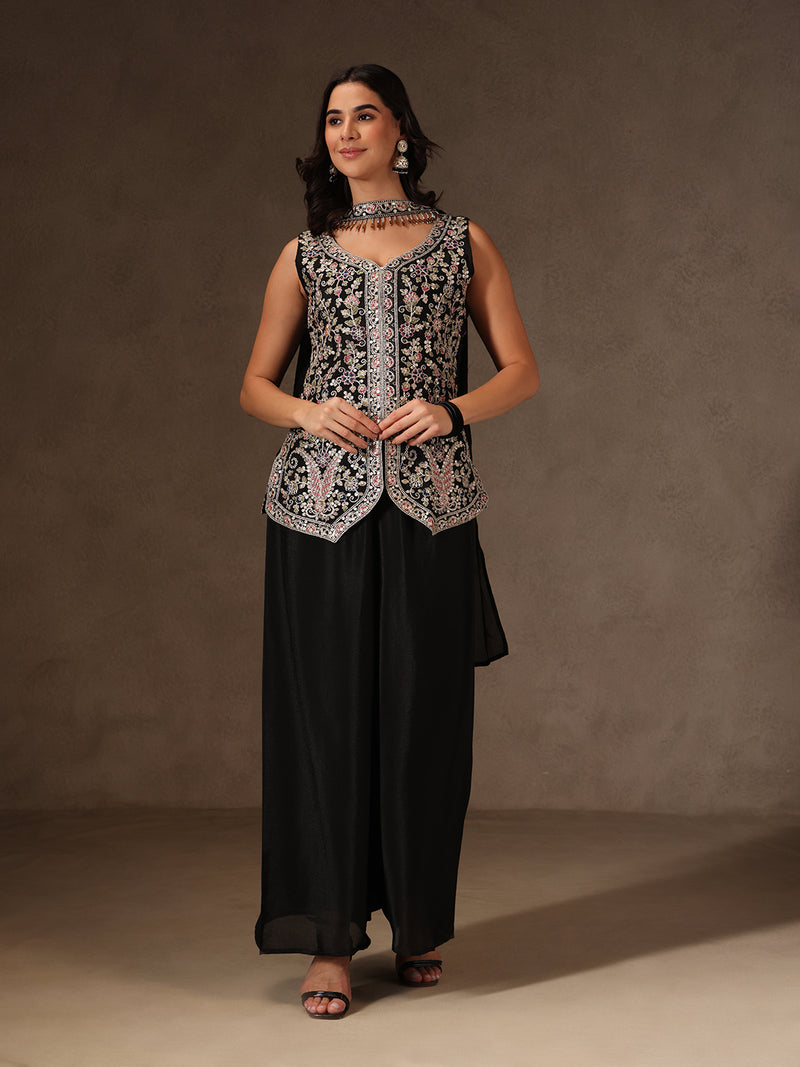 Black Chinon Embroidered Suit Set