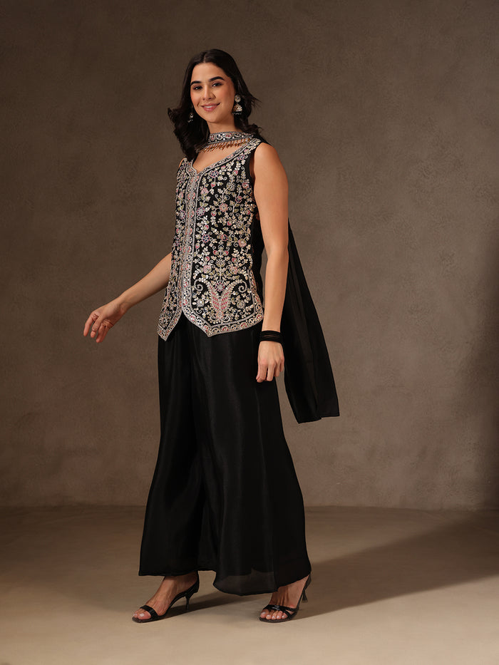 Black Chinon Embroidered Suit Set