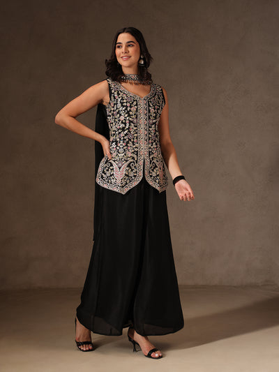 Black Chinon Embroidered Suit Set