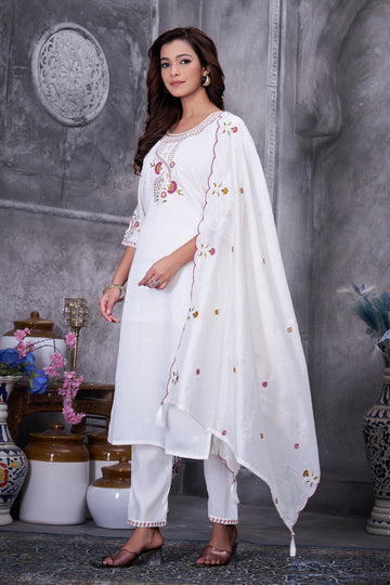 White Roman Silk Kurti Pant Set