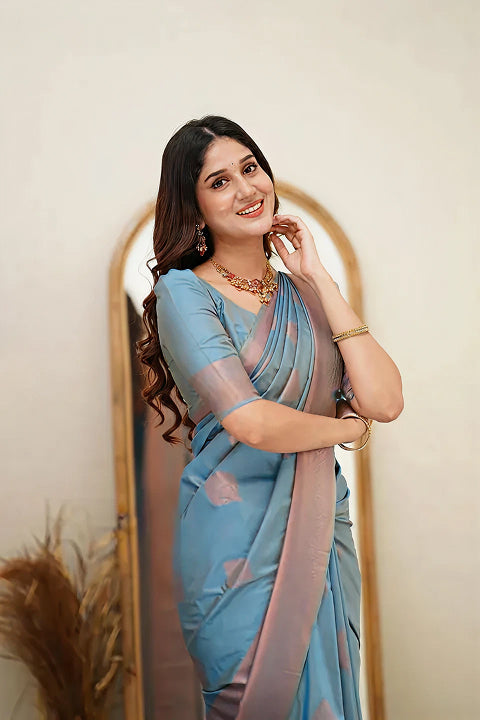 Serene Sky Blue Jacquard Saree – Elegant Woven Design for Festive & Party Wear