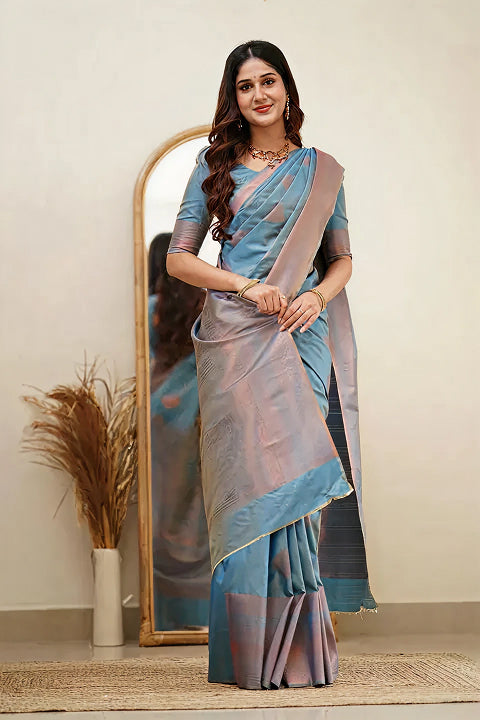 Serene Sky Blue Jacquard Saree – Elegant Woven Design for Festive & Party Wear