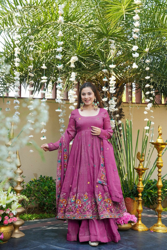 Royal Fuchsia Cruncy Silk Anarkali Suit Set