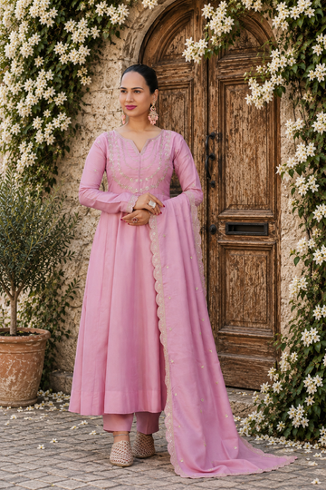 Pink Embroidered Silk Crepe Patiala Gharara Set