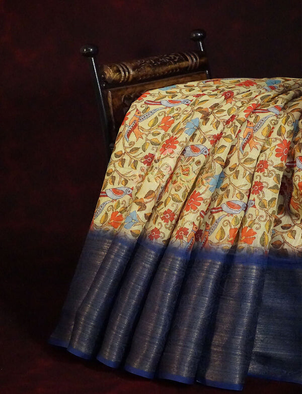 Intricate Yellow Colored Cotton Linen Designer Printed Saree
