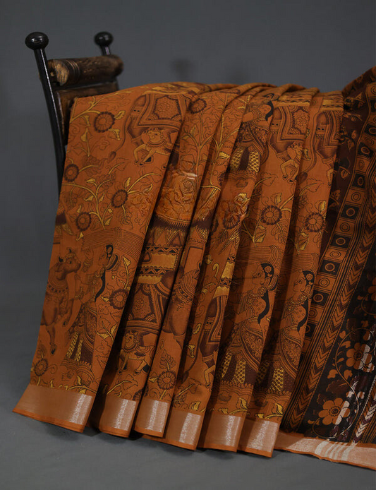 Captivating Brown Colored Cotton Linen Designer Printed Saree